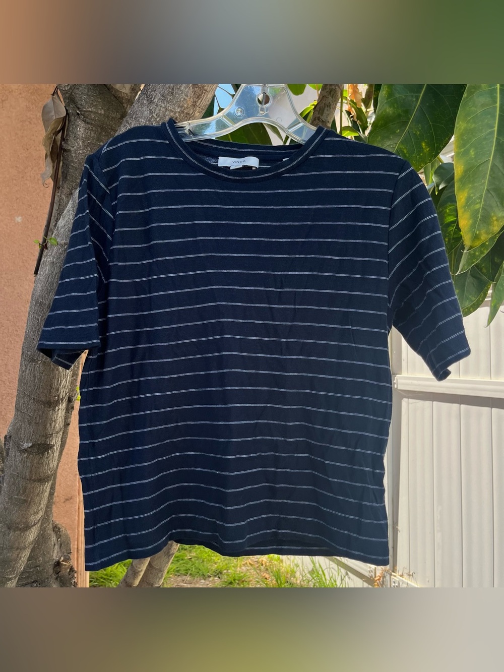 Vince Crew T-Shirt in Navy Blue with White Stripes.